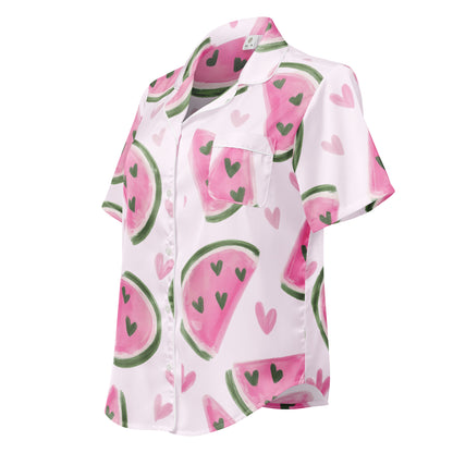 Side view of Sweet Melon Moments womens short sleeve pajama top with relaxed fit and watermelon print
