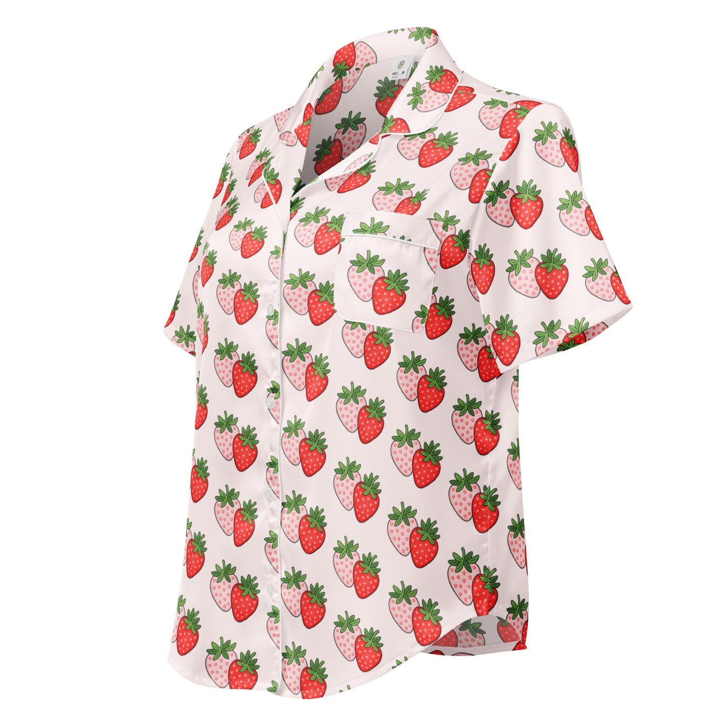 Side view of Berry Blush Bliss womens short sleeve pajama top with relaxed fit and strawberry print