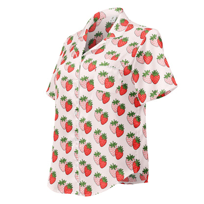 Side view of Berry Blush Bliss womens short sleeve pajama top with relaxed fit and strawberry print