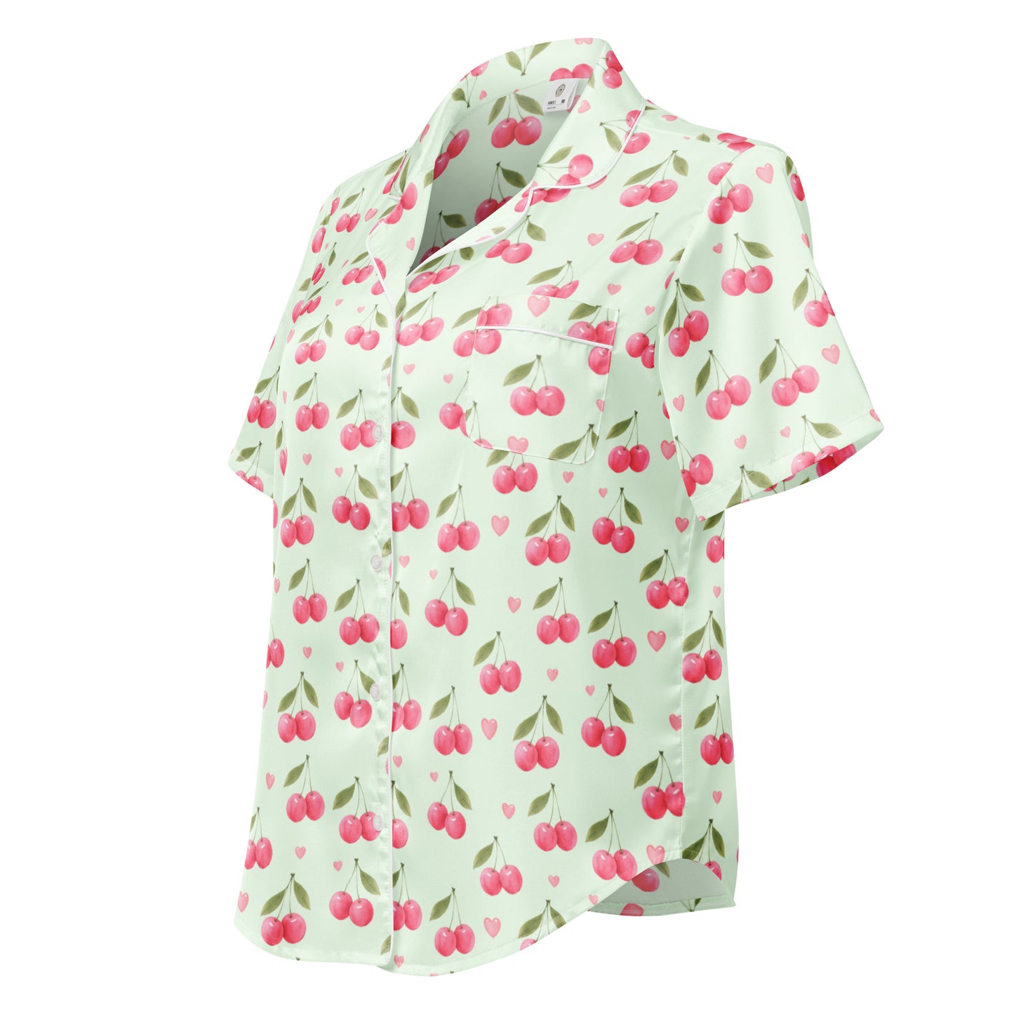Side view of Cherry Sweet Dreams womens short sleeve pajama top with relaxed fit and cherry print