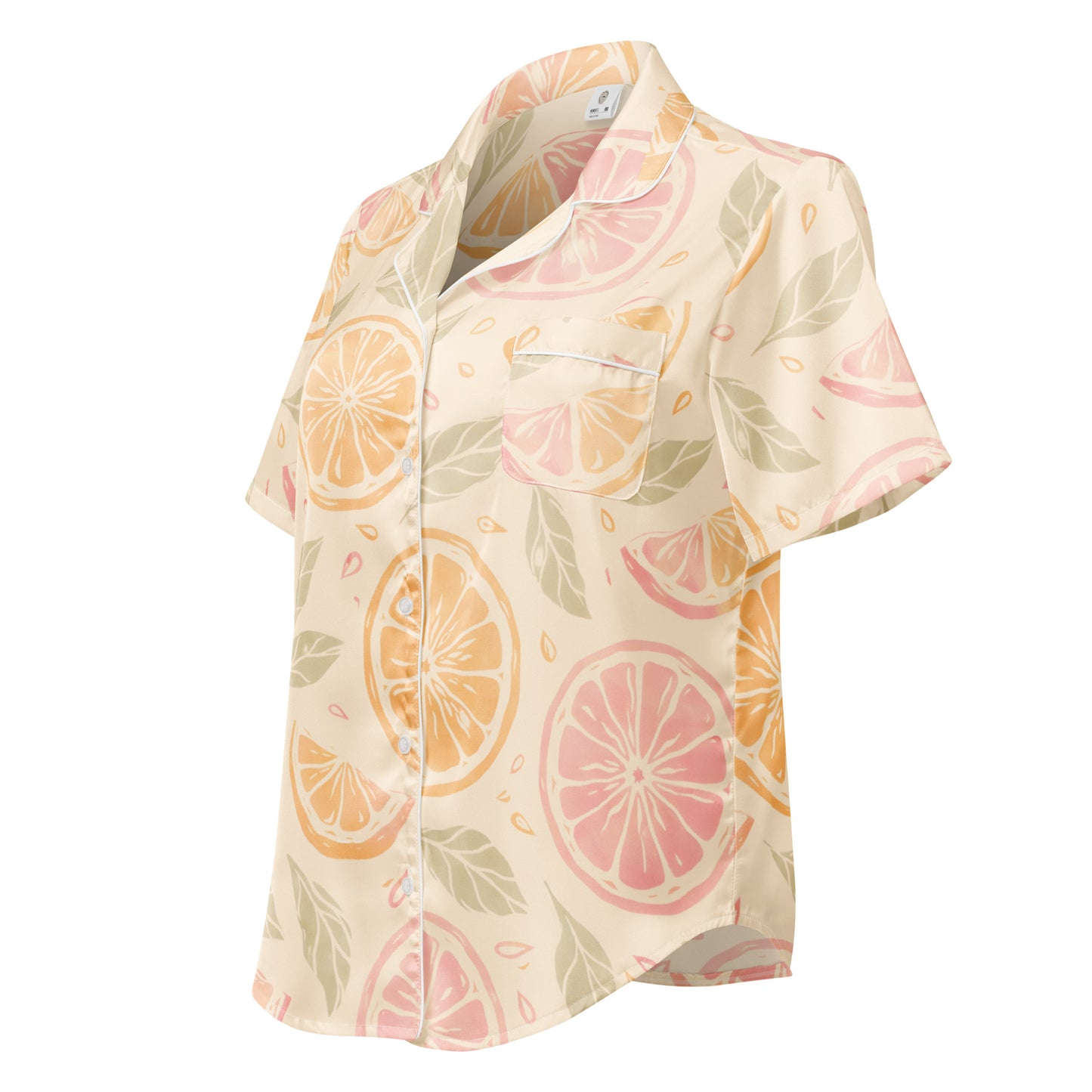 Side view of Citrus Glow womens short sleeve pajama top with relaxed fit and soft citrus design