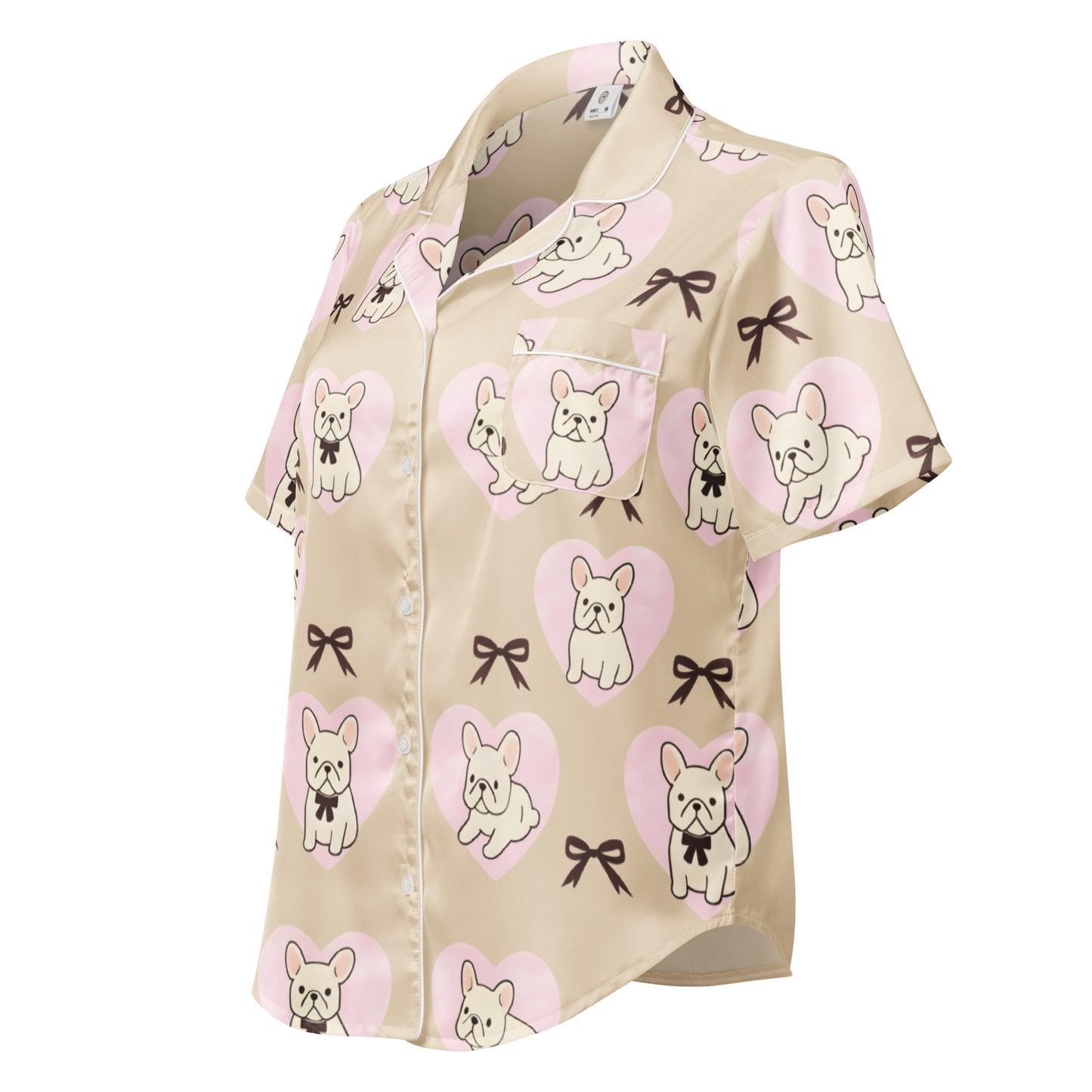 Frenchie Love womens short sleeve pajama top showing French bulldog pattern and button front