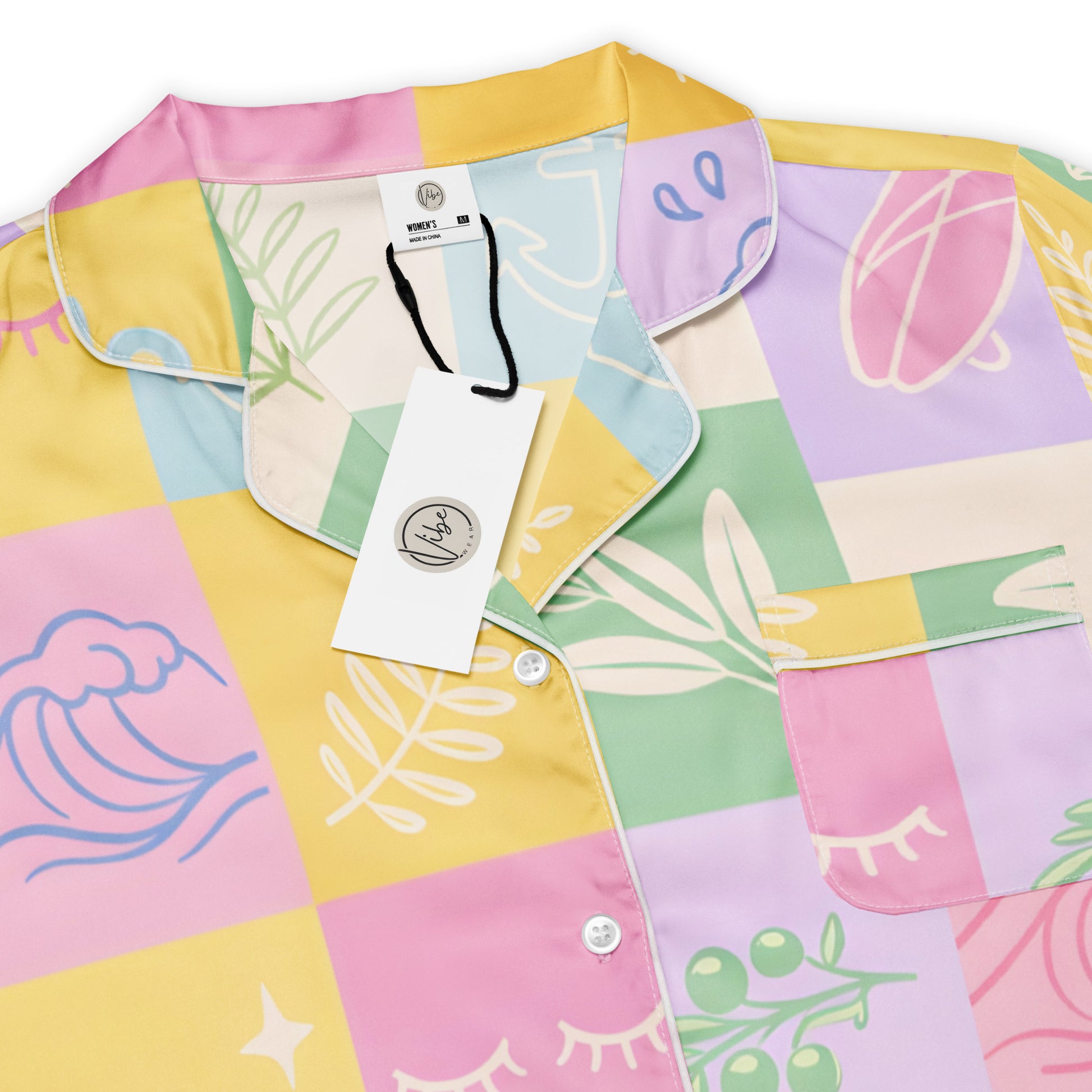 Close up of Pastel Patchwork Dream womens short sleeve pajama top fabric and patchwork print