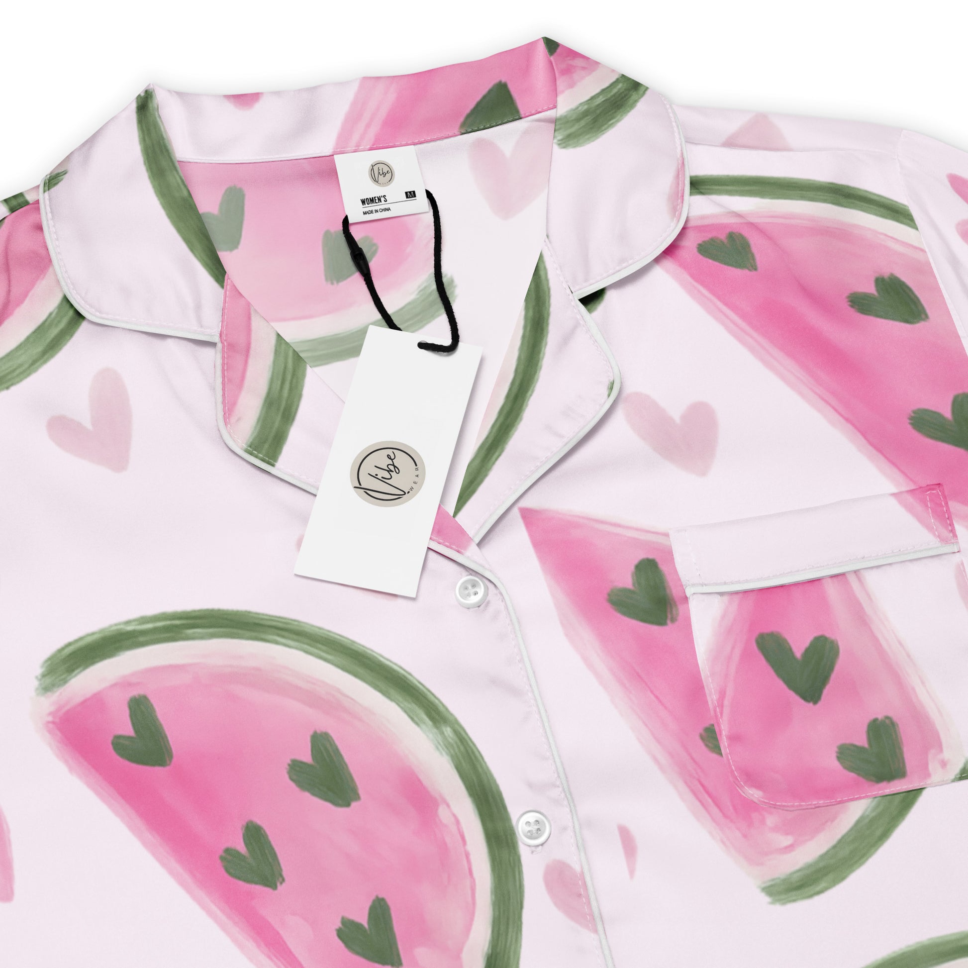 Sweet Melon Moments womens short sleeve pajama top showing pink watermelon pattern and button front