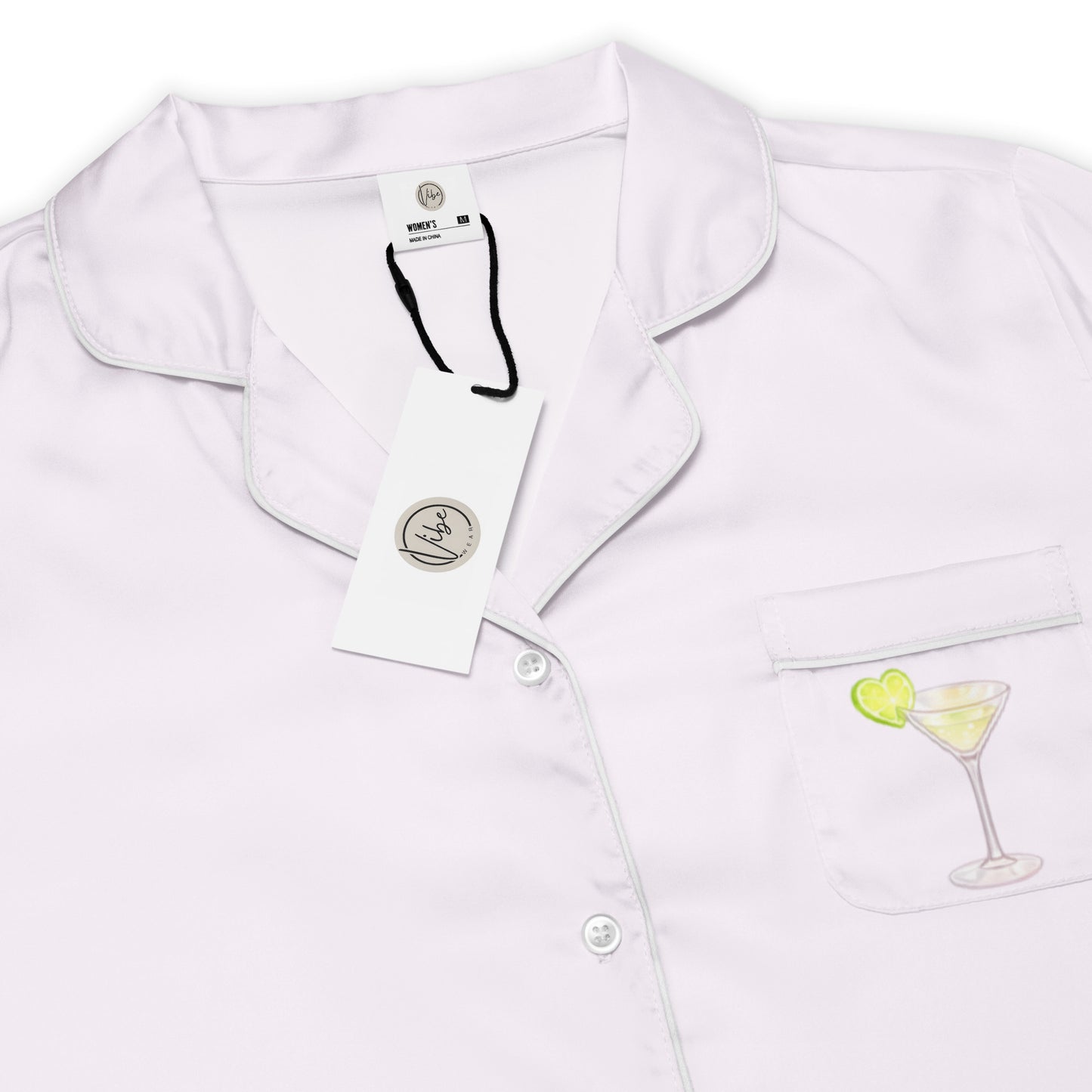 Close up of Summer Spritz Martini Pocket womens short sleeve pajama top showing embroidered martini glass pocket detail