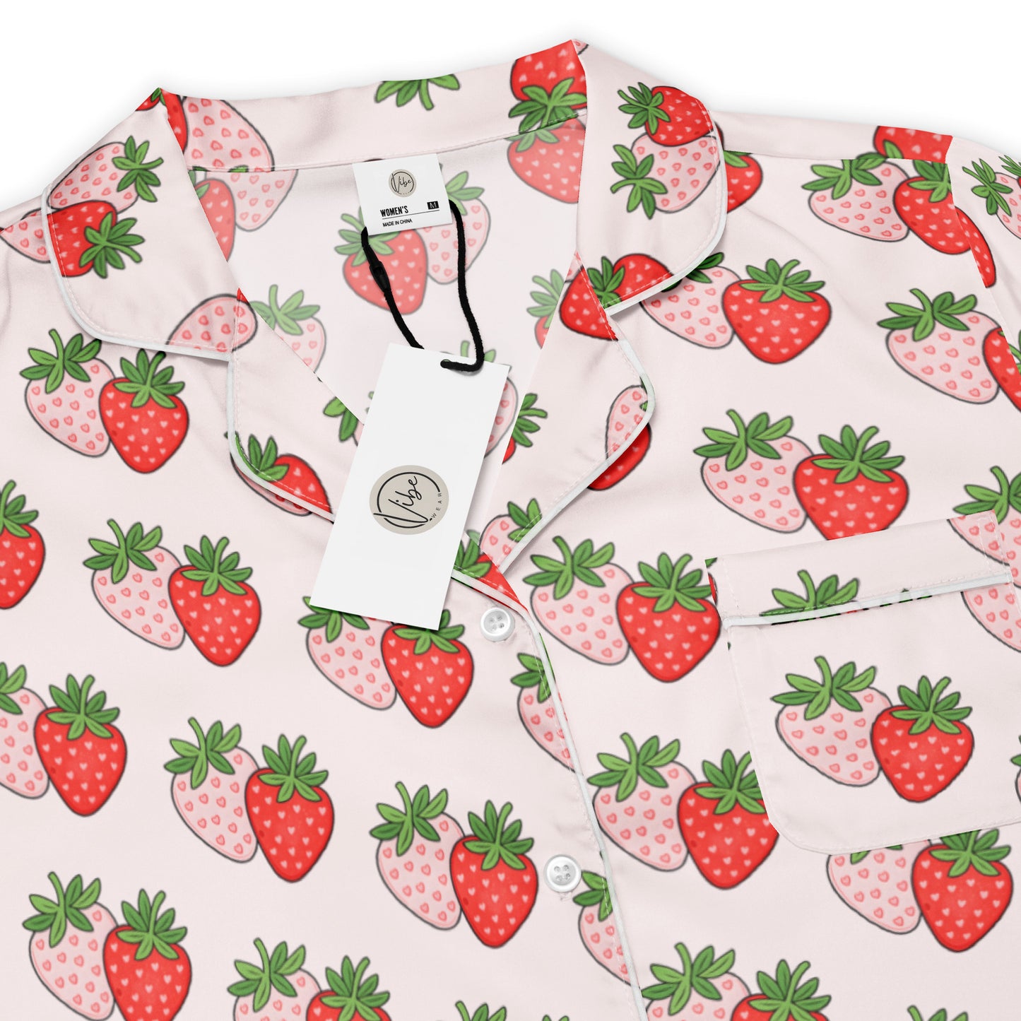 Berry Blush Bliss womens short sleeve pajama top showing strawberry pattern and button front