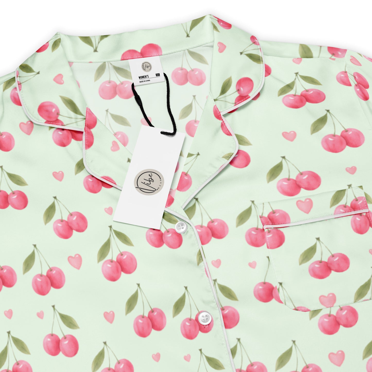 Cherry Sweet Dreams womens short sleeve pajama top showing cherry pattern and button front