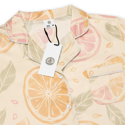 Citrus Glow womens short sleeve pajama top showing citrus slice pattern and button front
