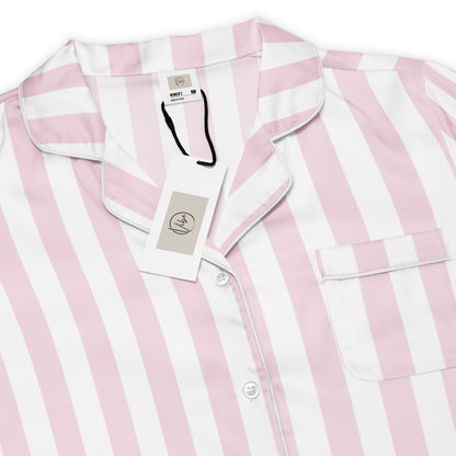 Front view of the Vibewear 'Sorbet Stripes' women's satin pajama top with its pastel pink and white stripe pattern.