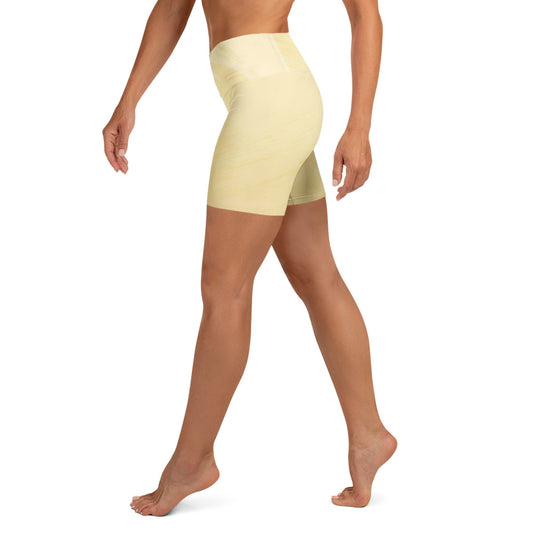 Side view of model wearing Make Today Count high waist yoga shorts in soft yellow