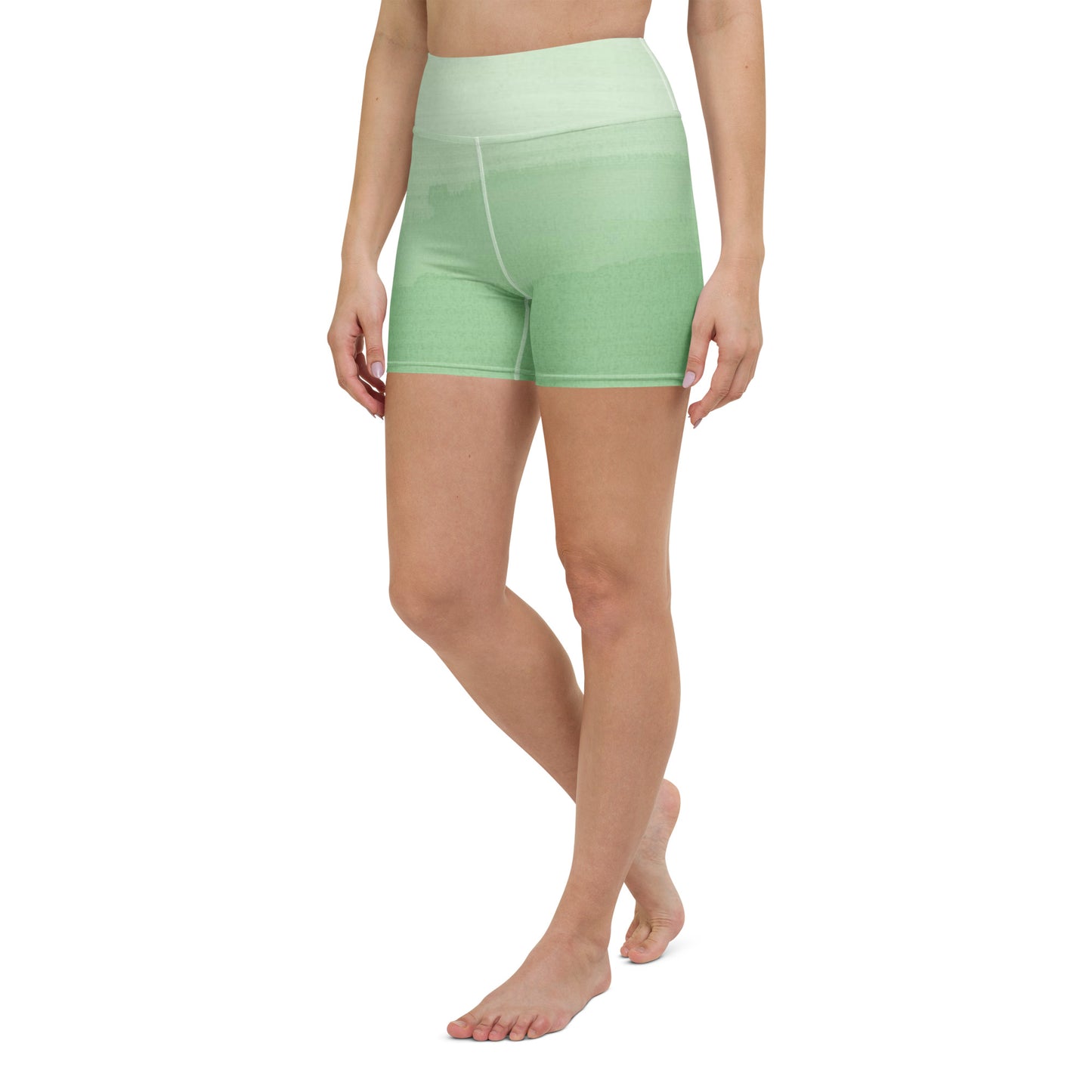 Model wearing Be Your Priority high waist yoga shorts in soft green front view