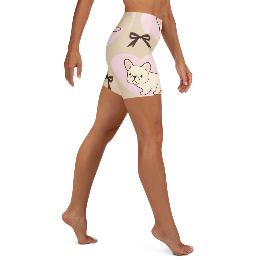 Back view of model wearing Frenchie Love high waist yoga shorts with smooth fitted waistband