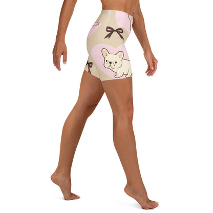 Back view of model wearing Frenchie Love high waist yoga shorts with smooth fitted waistband