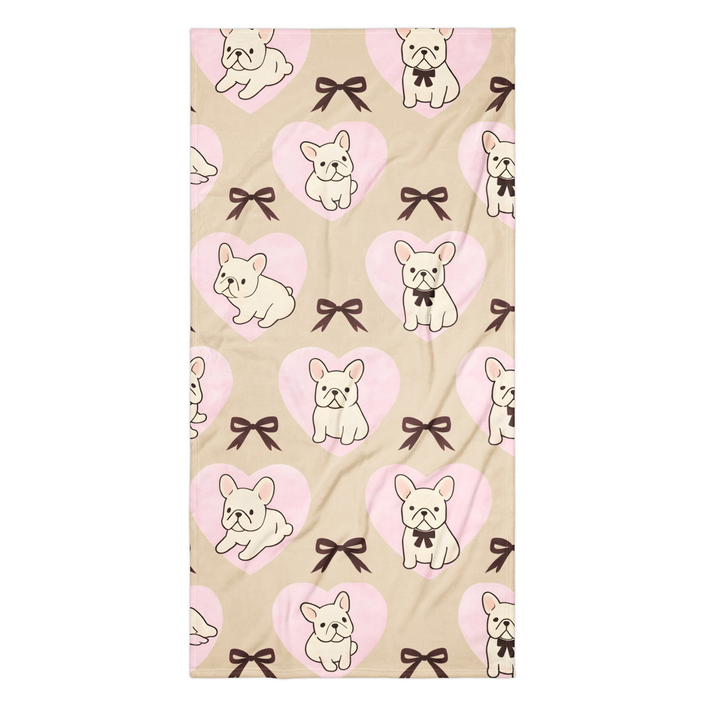 Frenchie Love bath or beach towel showing French bulldog and bow pattern design