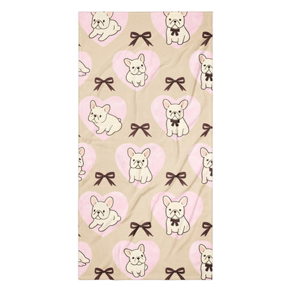 Frenchie Love bath or beach towel showing French bulldog and bow pattern design