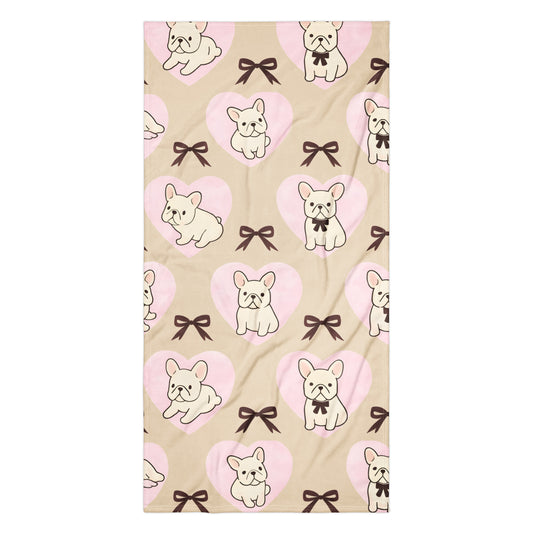 Frenchie Love bath or beach towel showing French bulldog and bow pattern design