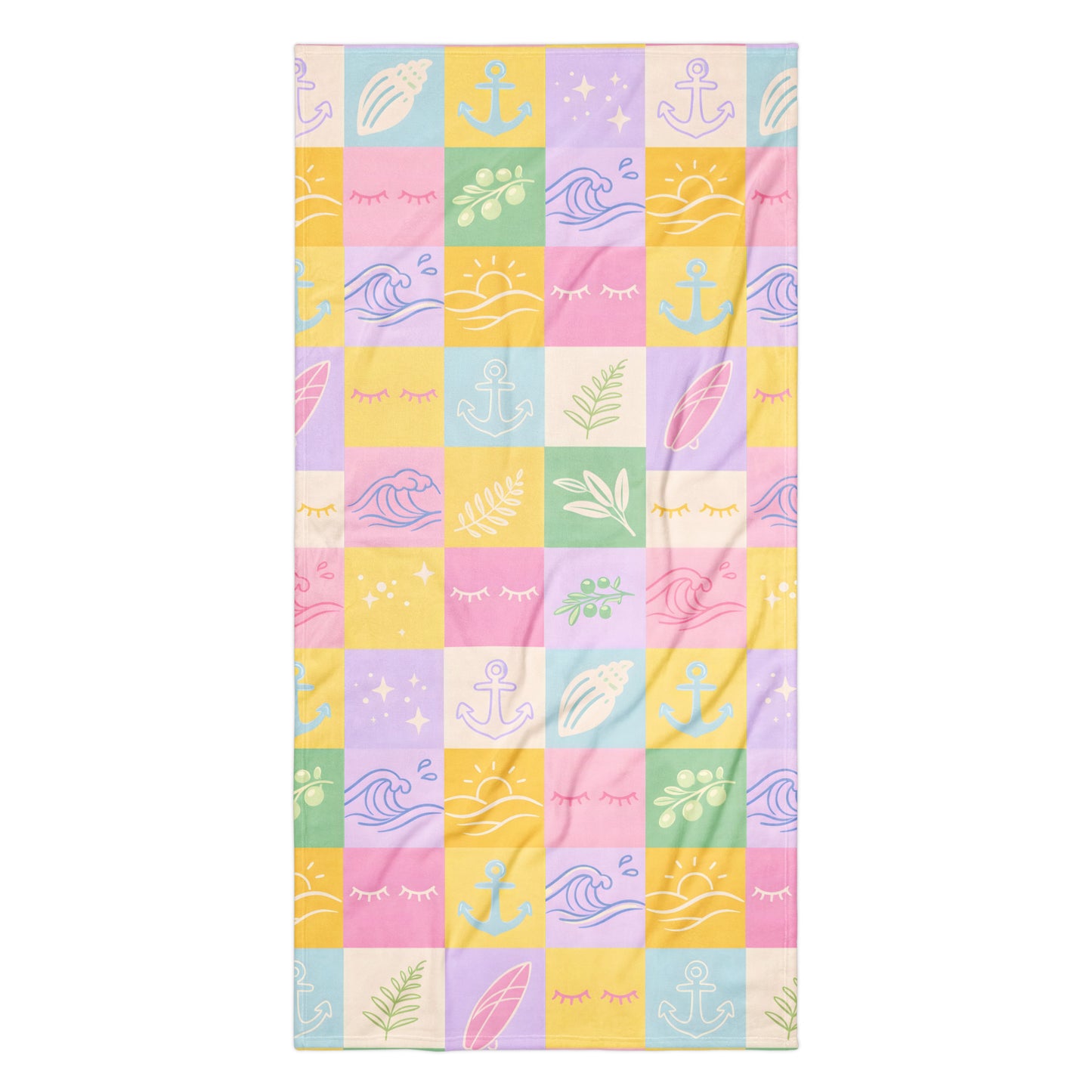 Pastel patchwork bath towel with soft colourful square pattern