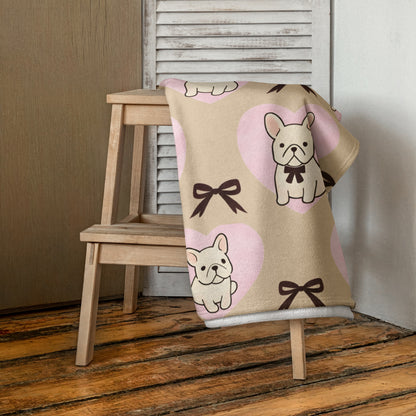 Frenchie Love bath or beach towel with French Bulldog print draped over chair
