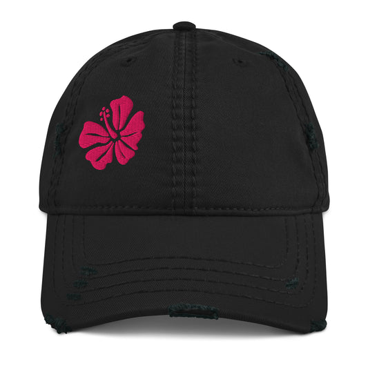 Front view of the black 'Hibiscus' distressed dad hat, showing the detailed floral embroidery and the vintage-style frayed fabric on the brim.