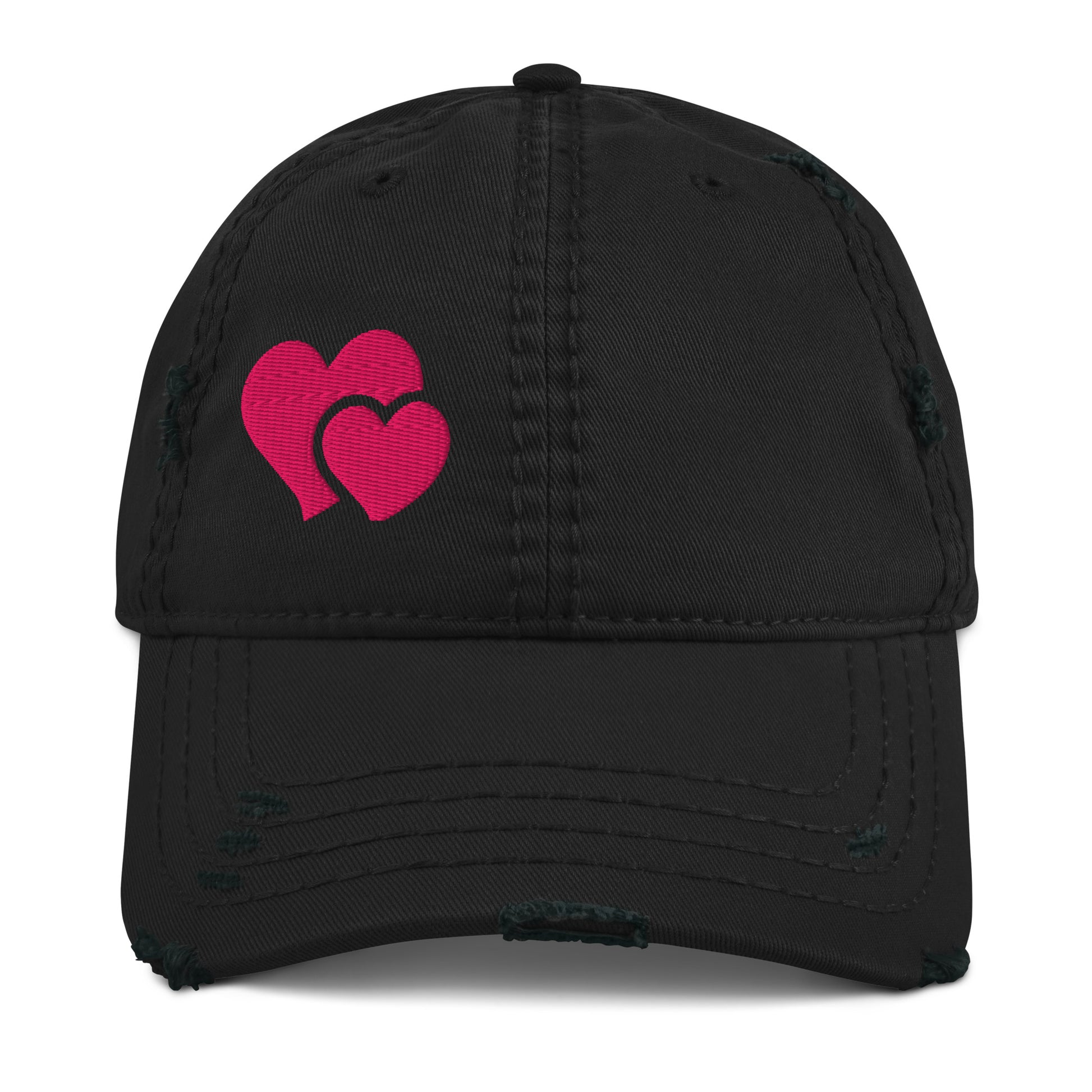 Front view of the black 'Heart & Soul' distressed dad hat, showing the white embroidered design and the vintage-style frayed fabric on the brim.
