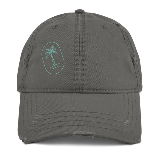 Front view of the black 'Aqua Palms' distressed dad hat, showing the aqua blue palm tree and the vintage-style frayed fabric on the brim.