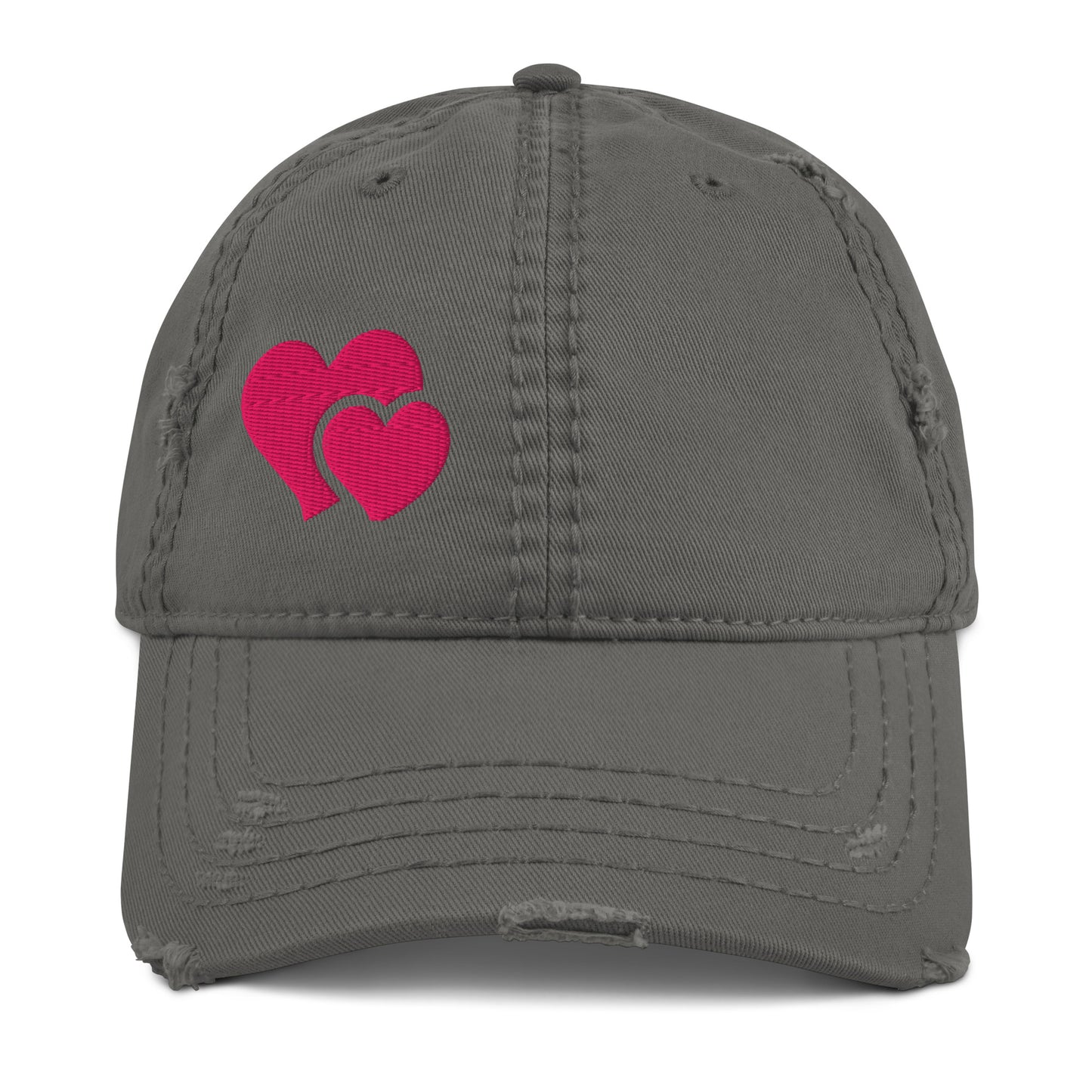 Front view of the charcoal 'Heart & Soul' distressed dad hat, showing the white embroidered design and the vintage-style frayed fabric on the brim.