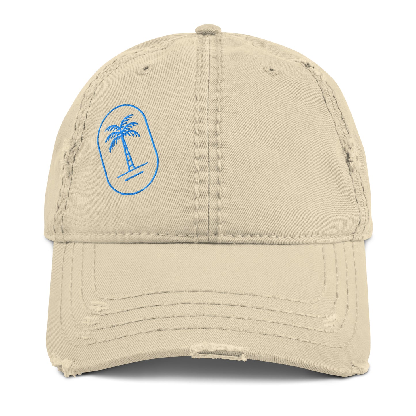 Front view of the beige 'Blue Palm' distressed dad hat, showing the blue palm tree embroidery and the vintage-style frayed fabric on the brim.