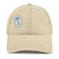 Front view of the beige 'Blue Palm' distressed dad hat, showing the blue palm tree embroidery and the vintage-style frayed fabric on the brim.