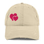 Front view of the beige 'Heart & Soul' distressed dad hat, showing the white embroidered design and the vintage-style frayed fabric on the brim.