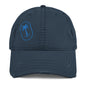 Front view of the navy 'Blue Palm' distressed dad hat, showing the blue palm tree embroidery and the vintage-style frayed fabric on the brim.