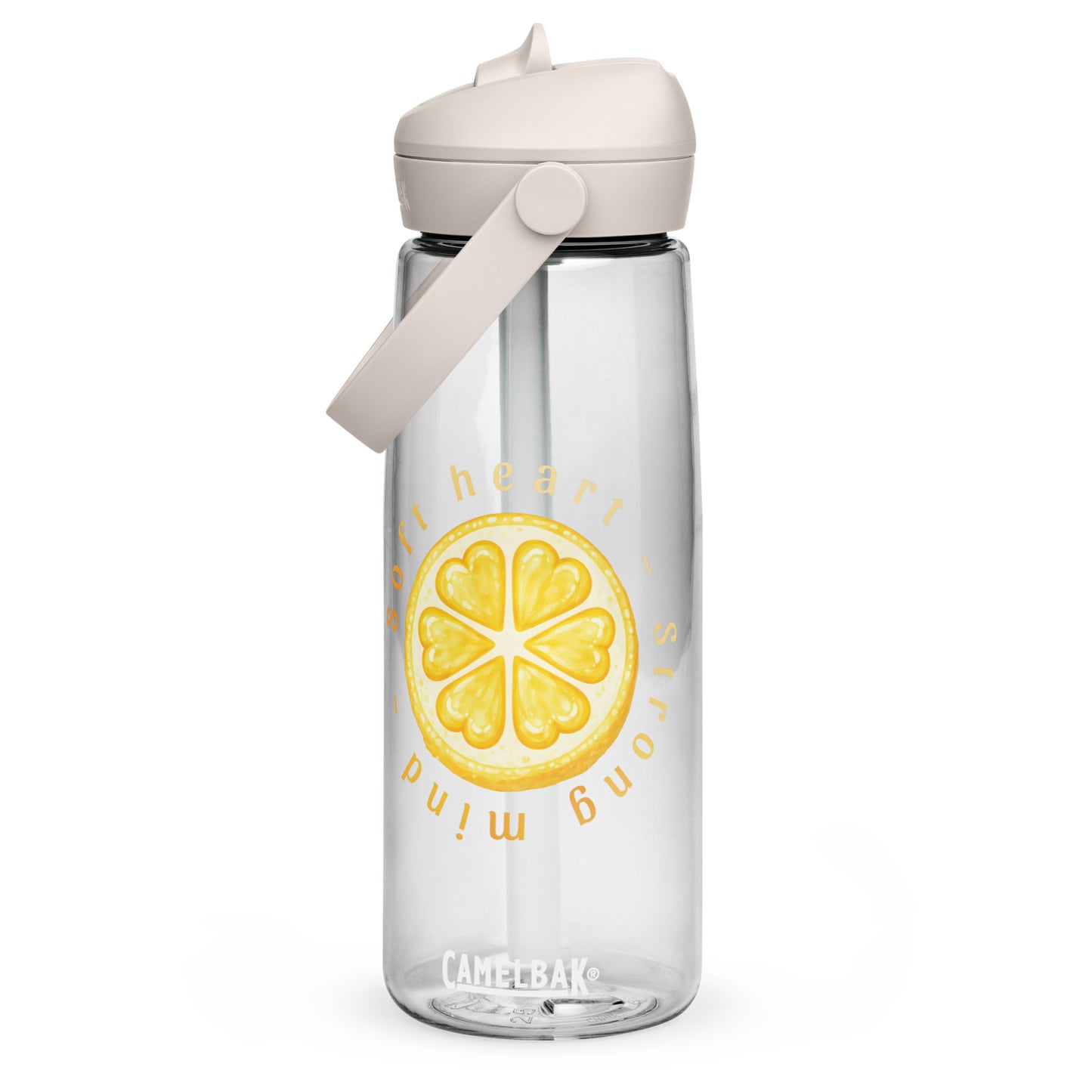 Soft Heart Strong Mind flip straw water bottle with citrus inspired graphic