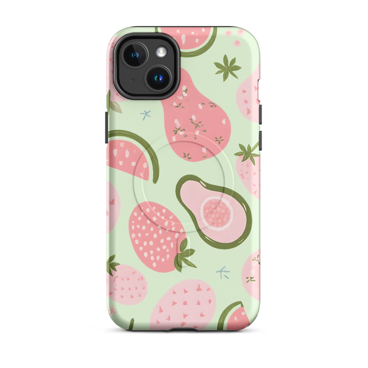 Avo Berry Bliss MagSafe tough case for iPhone with avocado and strawberry print