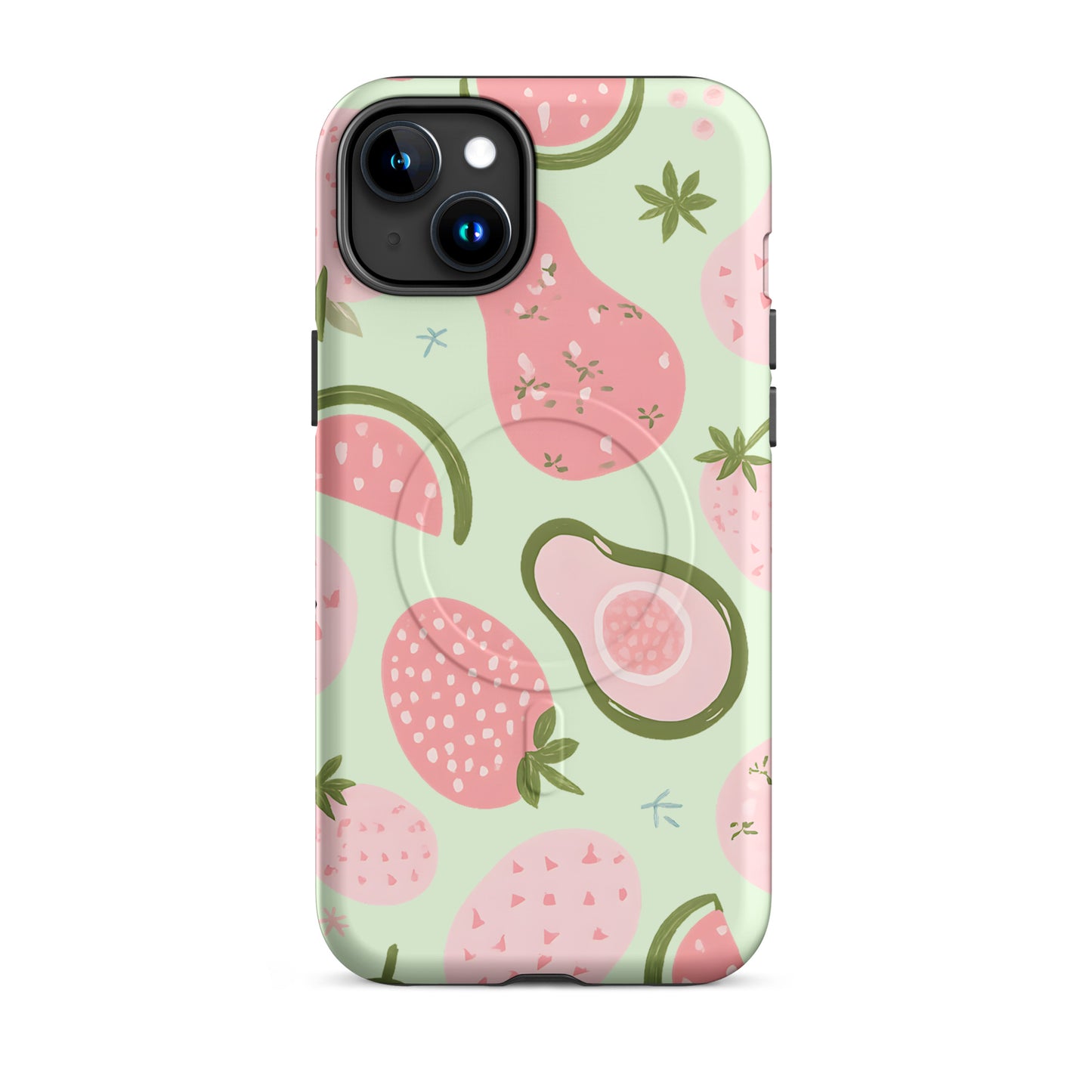 Avo Berry Bliss MagSafe tough case for iPhone with avocado and strawberry print
