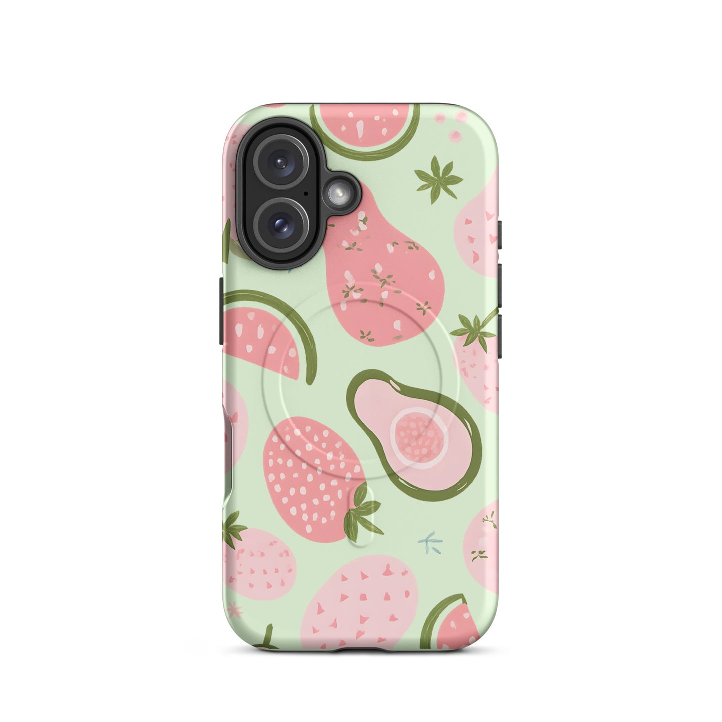 Avo Berry Bliss MagSafe tough case for iPhone with avocado and strawberry print