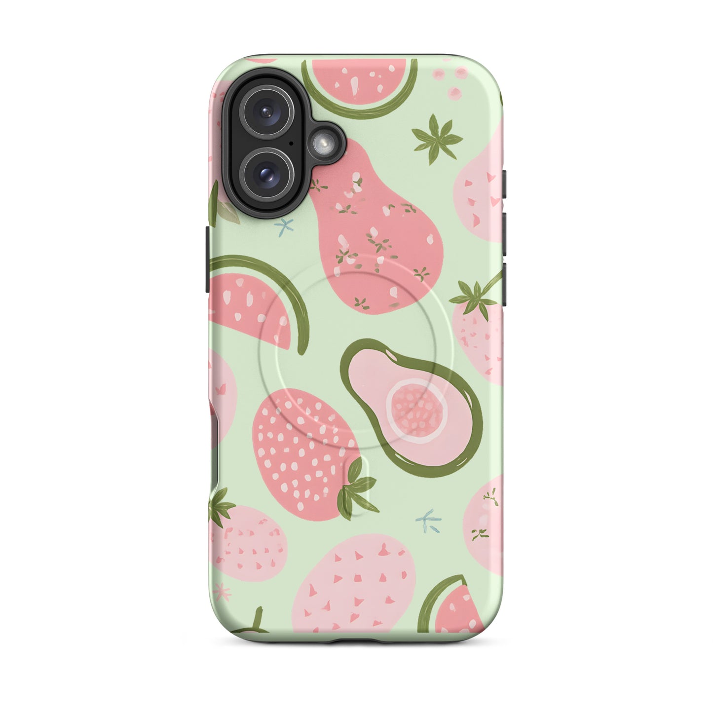 Avo Berry Bliss MagSafe tough case for iPhone with avocado and strawberry print