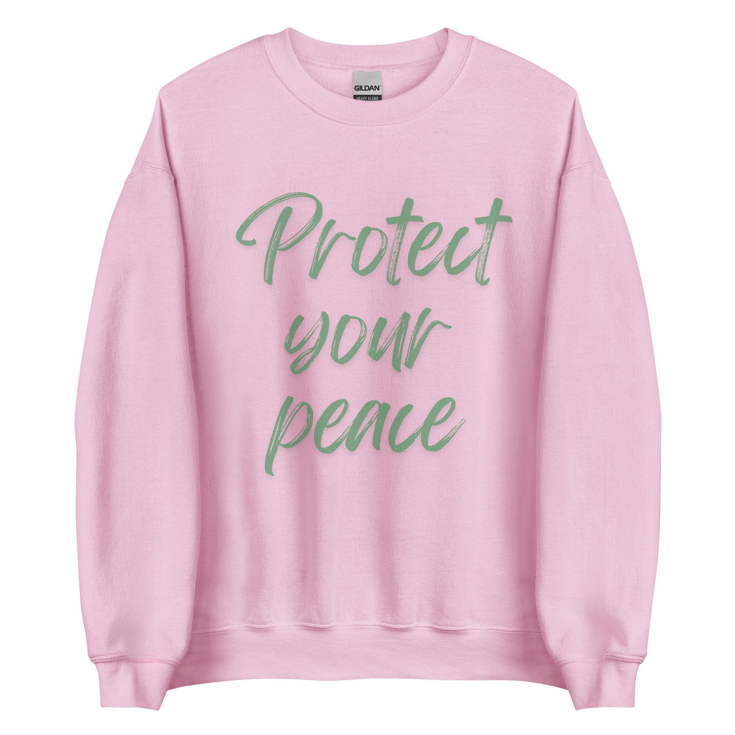 The 'Protect Your Peace' classic sweatshirt shown in pink, with the slogan printed in a green retro-style font 
