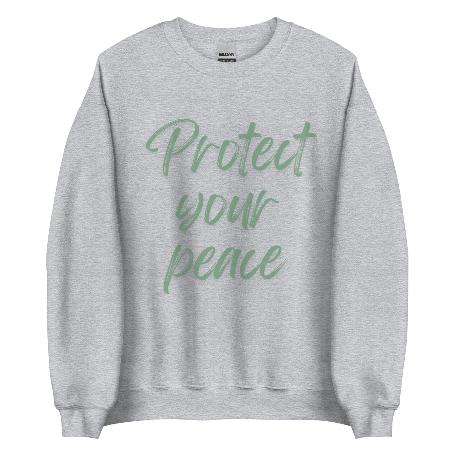 The 'Protect Your Peace' classic sweatshirt shown in light grey, with the slogan printed in a green retro-style font 