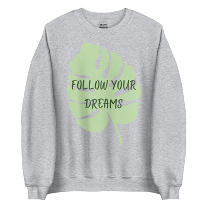 The 'Follow Your Dreams' classic sweatshirt shown in light grey, with the motivational slogan printed in a white script and sans-serif font across the chest.