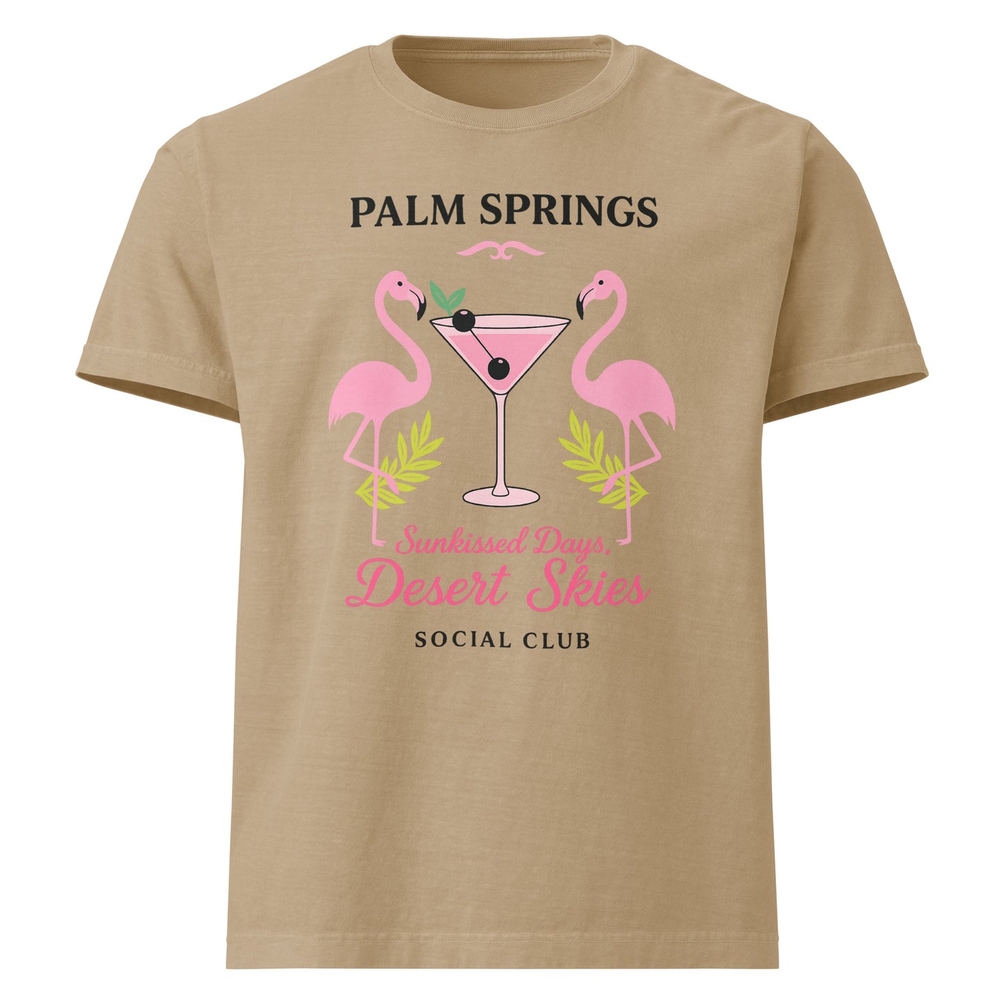 Palm Springs Social Club oversized cotton T shirt in khaki with flamingo graphic