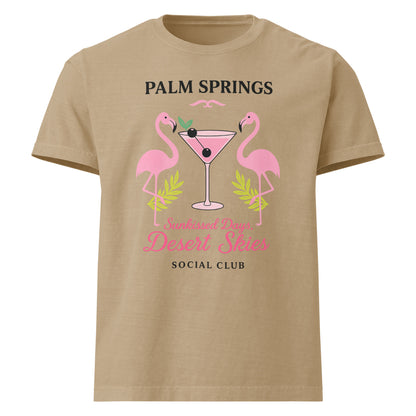 Palm Springs Social Club oversized cotton T shirt in khaki with flamingo graphic
