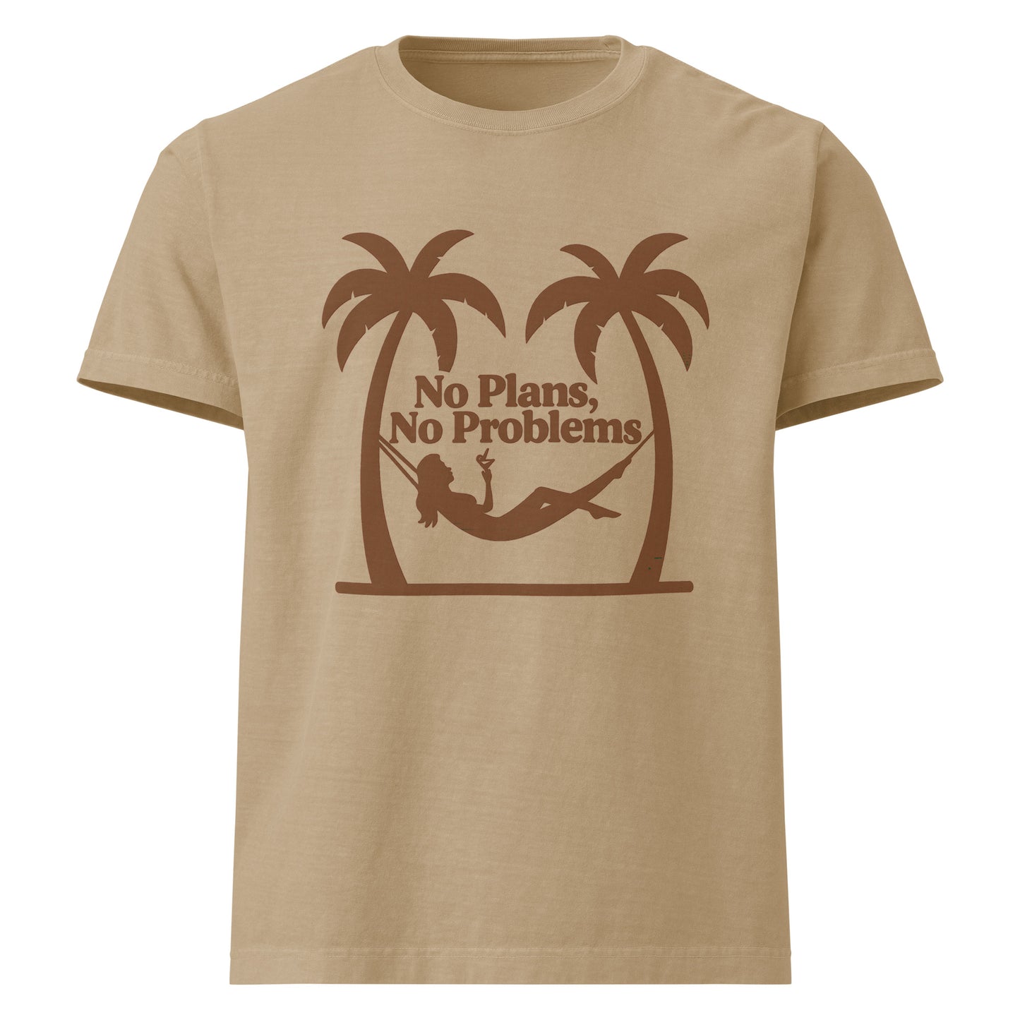No Plans No Problems oversized cotton T shirt in khaki with palm tree graphic