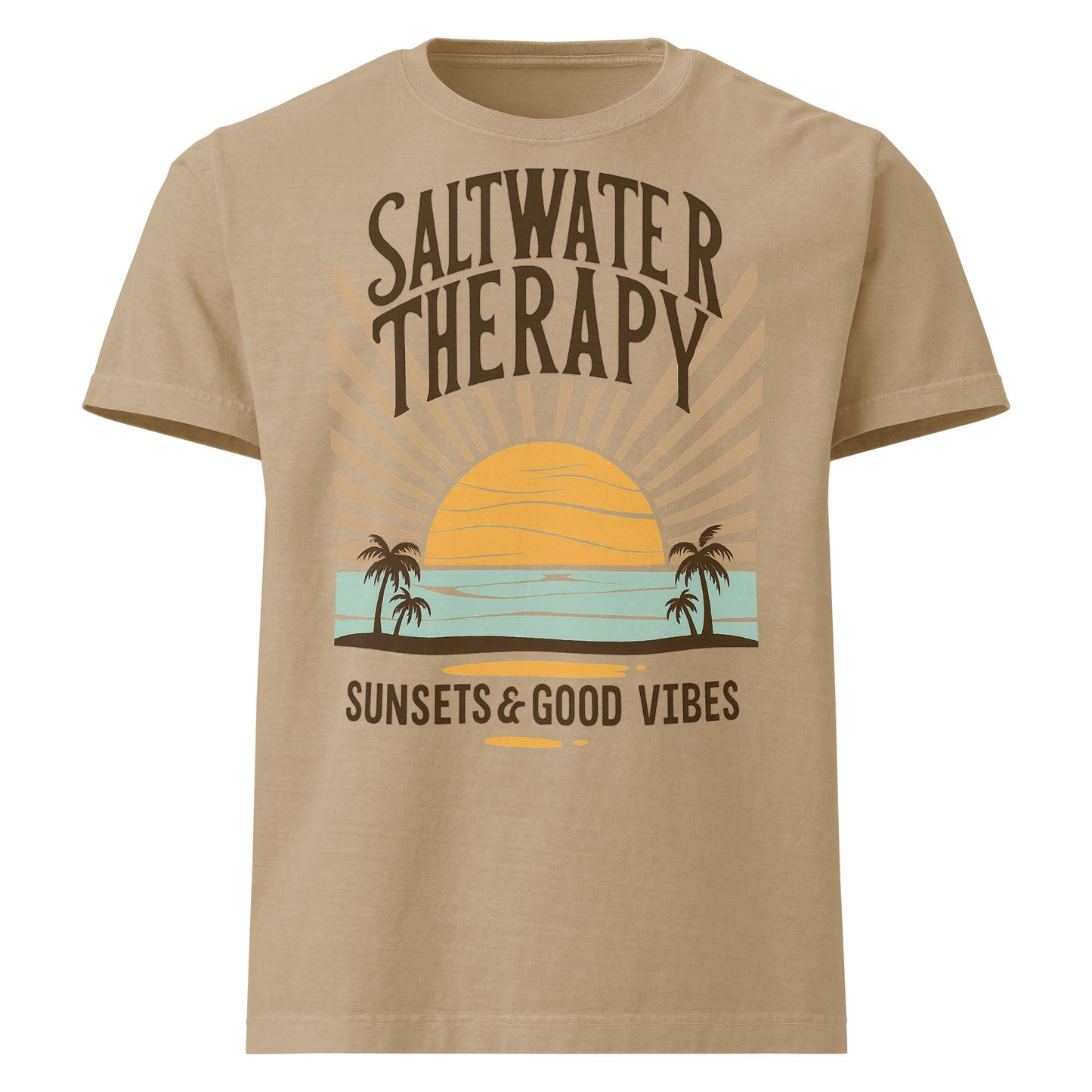 Saltwater Therapy oversized graphic t-shirt with vintage sunset design