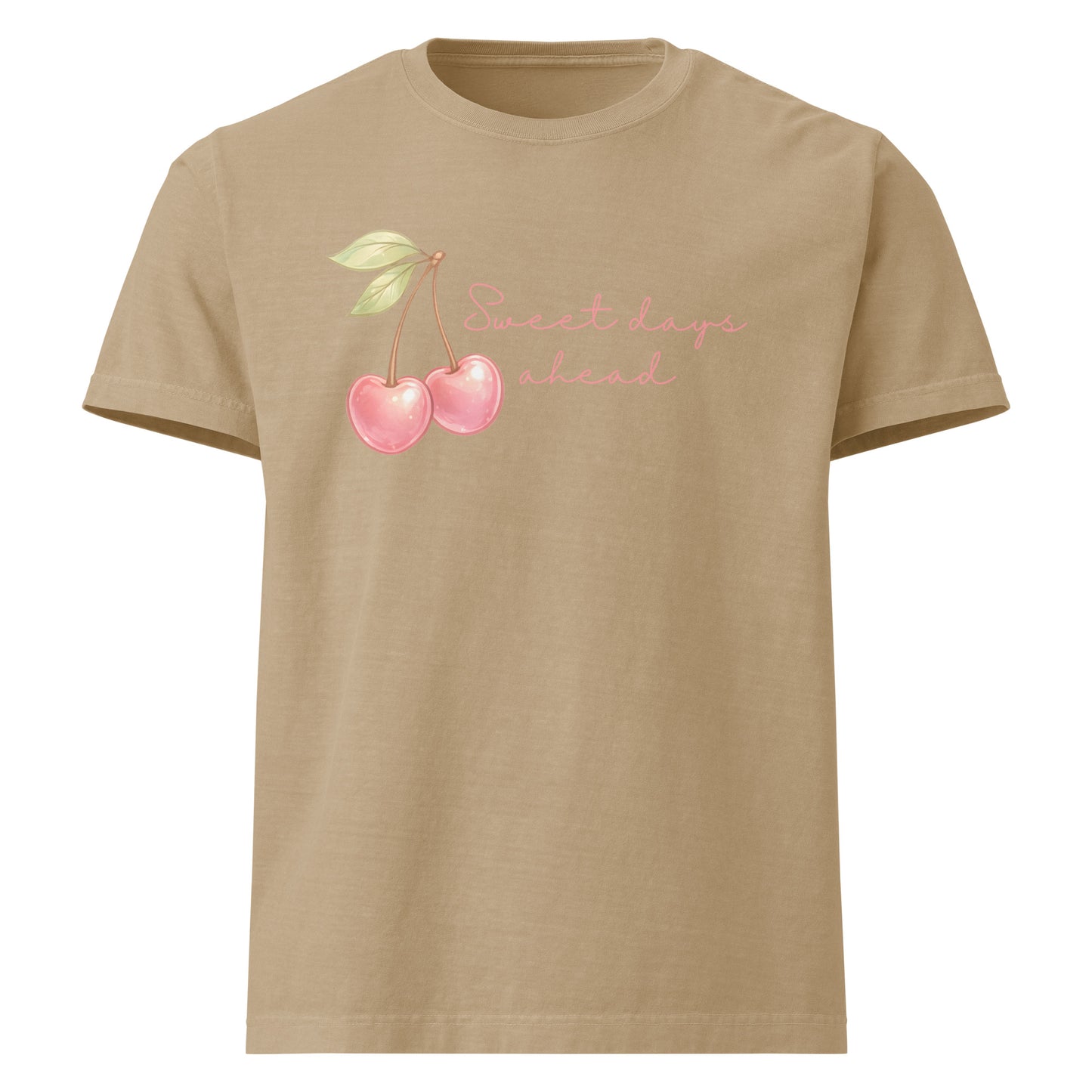 Sweet Days Ahead oversized cotton tee in khaki with cherry graphic
