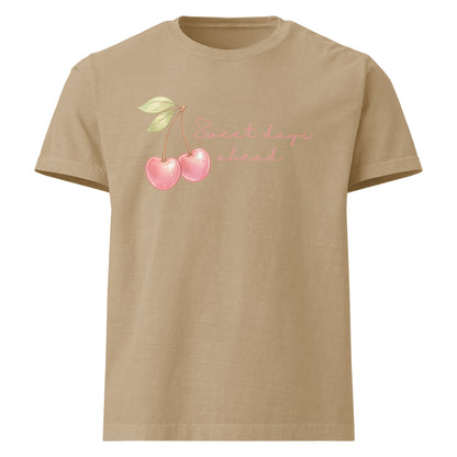Sweet Days Ahead oversized cotton tee in khaki with cherry graphic