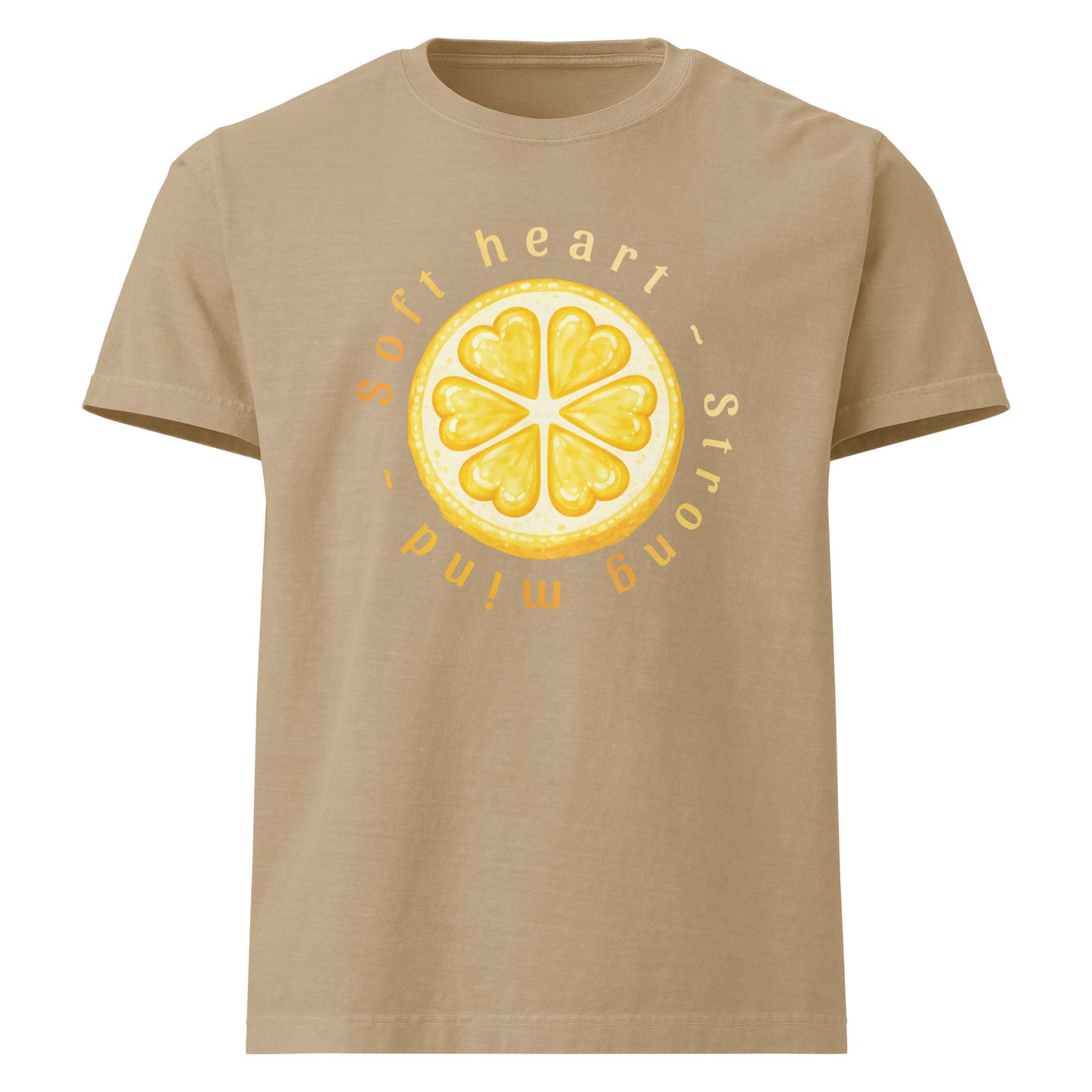 Soft Heart Strong Mind oversized cotton tee in khaki with yellow graphic