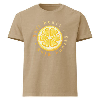 Soft Heart Strong Mind oversized cotton tee in khaki with yellow graphic