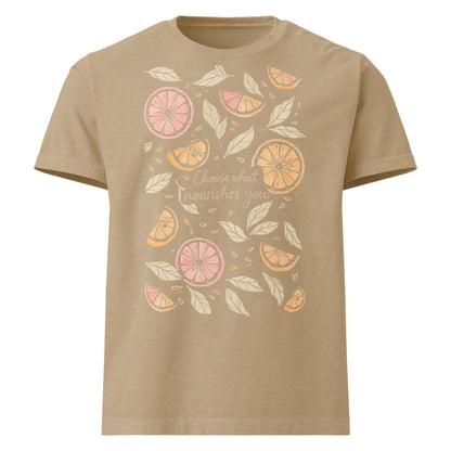 Choose What Nourishes You oversized T Shirt with illustrated fruit graphic