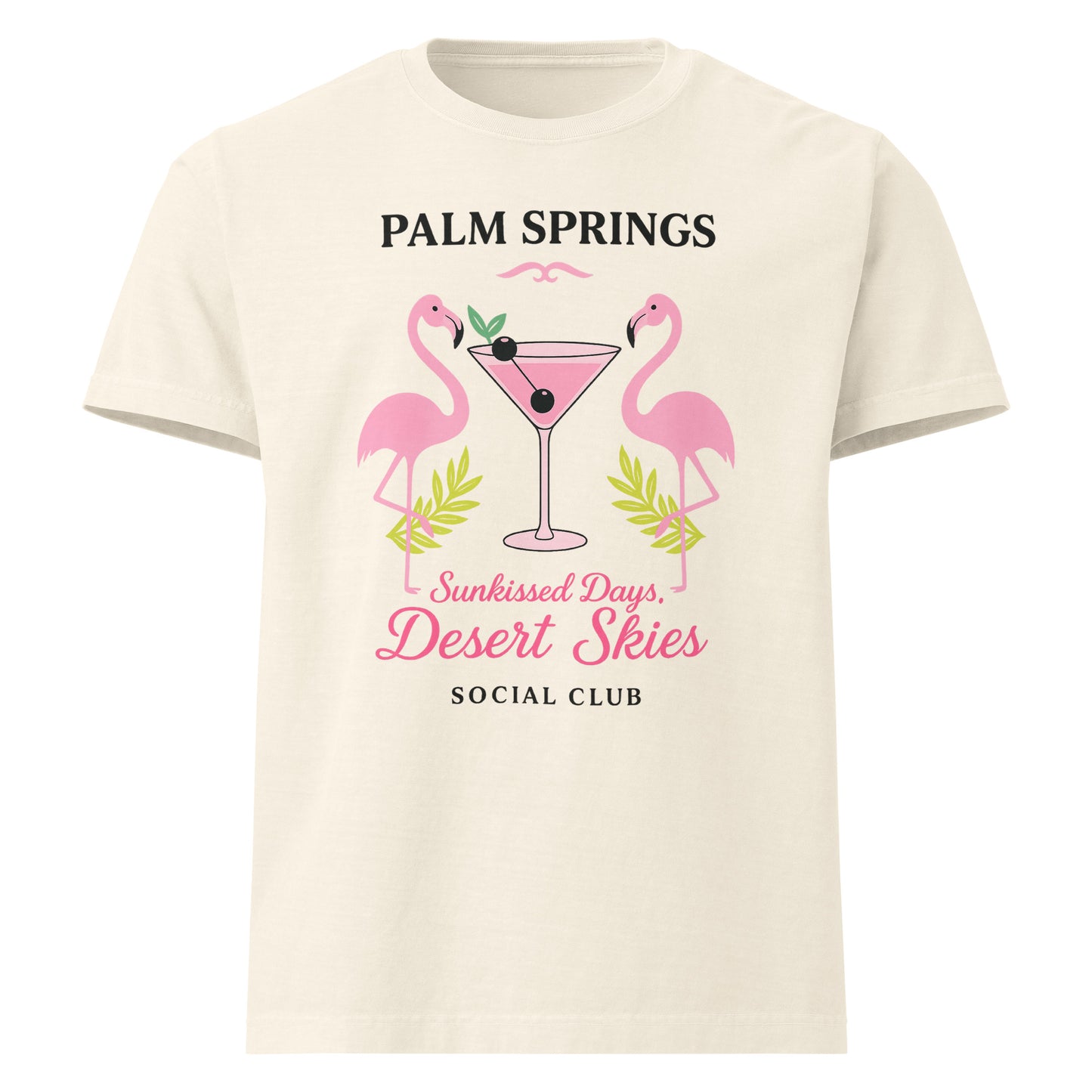 Palm Springs Social Club oversized cotton T shirt in vintage white with flamingo graphic