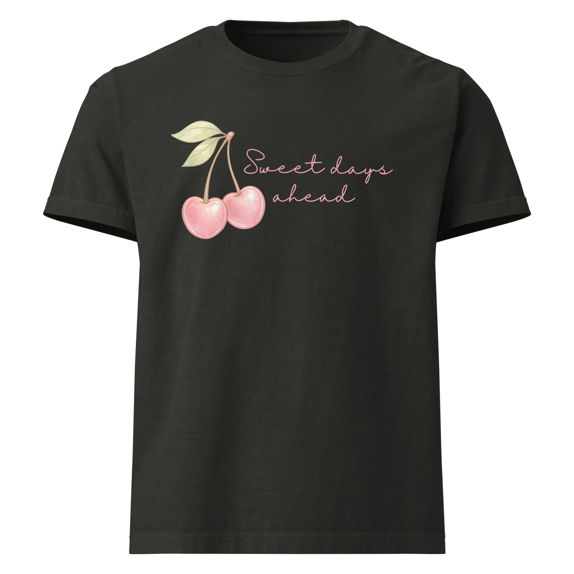 Sweet Days Ahead oversized cotton tee in washed black with cherry graphic
