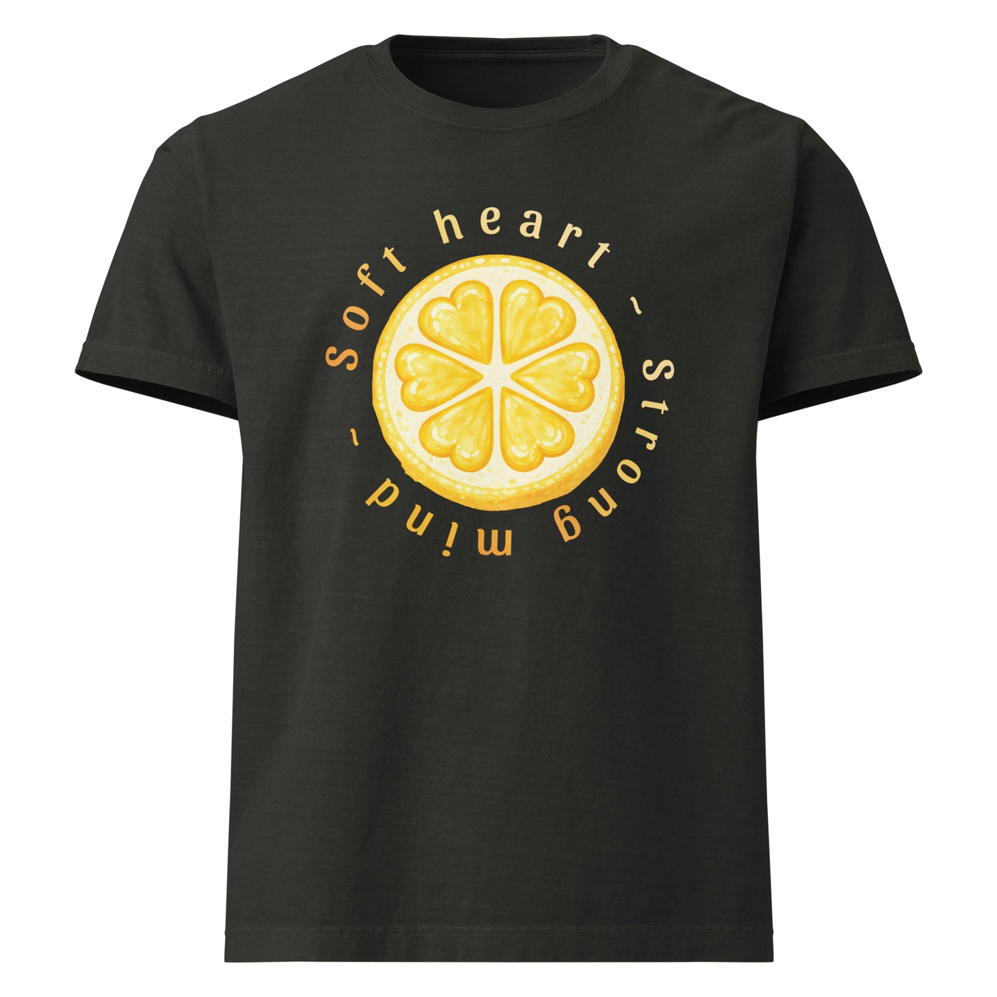 Soft Heart Strong Mind oversized cotton tee in washed black with yellow graphic
